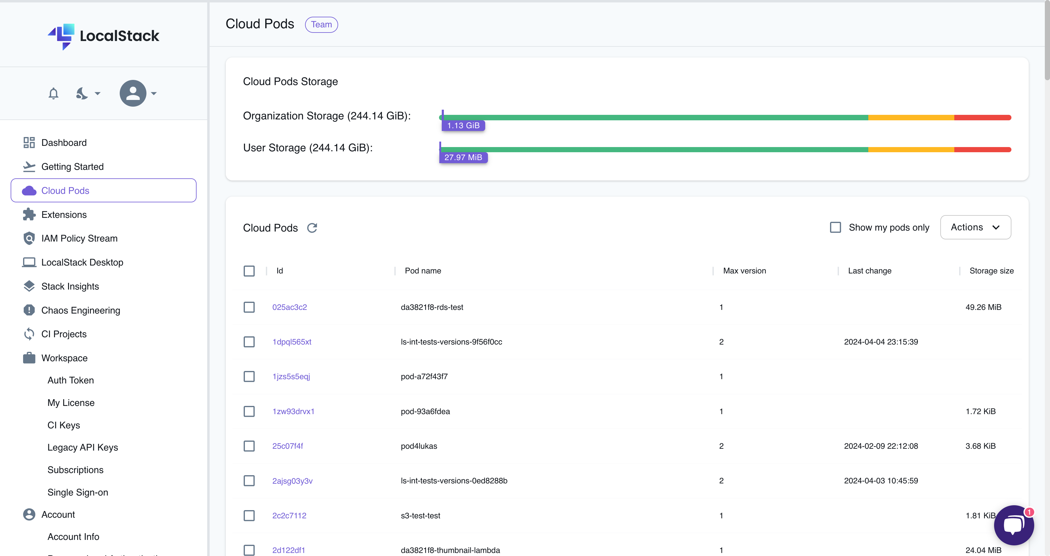 LocalStack Web Application's Cloud Pods Browser outlining various saved Clod Pods" title="Cloud Pods Browser